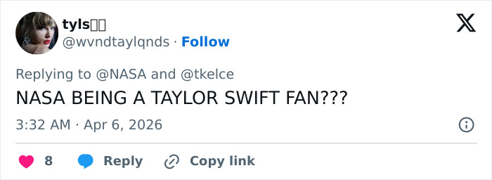 Tweet reply mentioning NASA as a Taylor Swift fan, referencing NASA’s reply to Travis Kelce’s 16-year-old tweet.