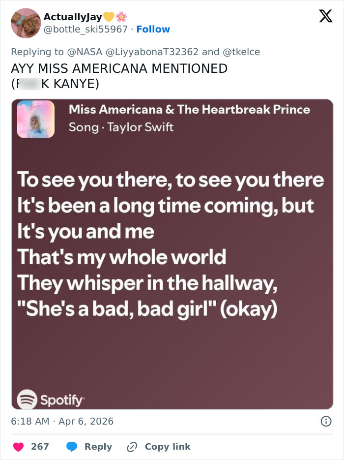 Screenshot of a Twitter reply mentioning NASA alongside a Taylor Swift song lyric from Miss Americana.