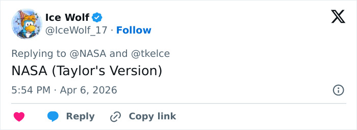 Tweet showing a user replying to NASA and Travis Kelce about a 16-year-old tweet with a playful comment.