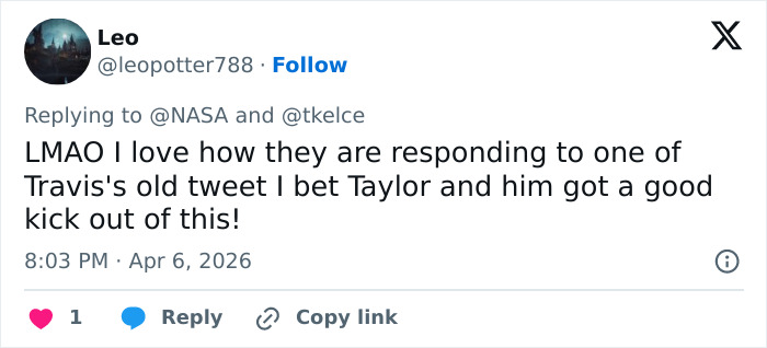 Screenshot of a Twitter reply showing a user reacting to NASA’s reply to Travis Kelce’s 16-year-old tweet.