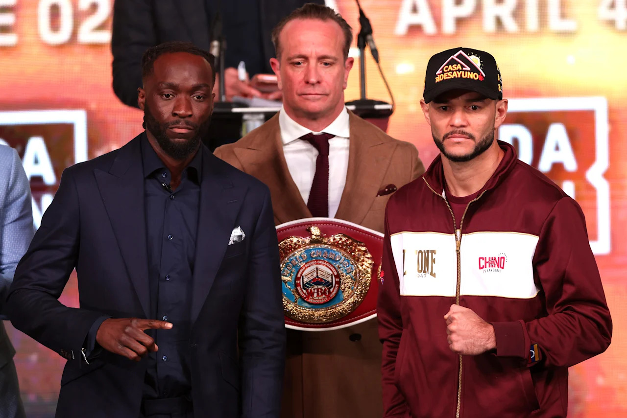 LONDON, ENGLAND - APRIL 02: Denzel Bentley and Endry Saavedra pose for a photo after facing off ahead of their WBO Interim World Middleweight Title fight during the Dereck Chisora v Deontay Wilder: 100 press conference at York Hall on April 02, 2026 in London, England. (Photo by Paul Harding/Getty Images)