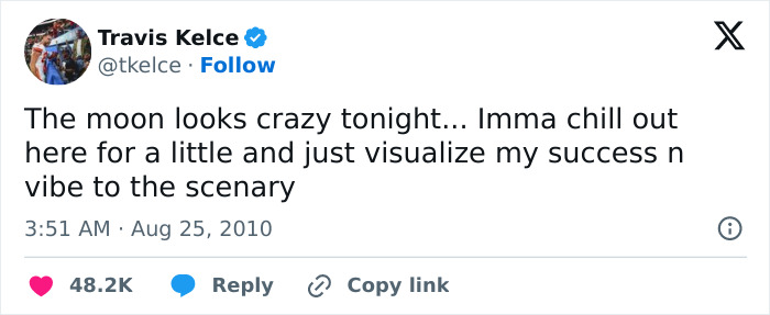 Screenshot of Travis Kelce’s 2010 tweet about the moon and his success, noted in a humorous NASA reply trending online.