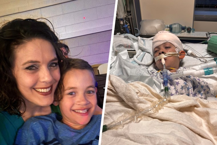 A diptych image showing a mother and son, and the same boy on life support in a second photo.