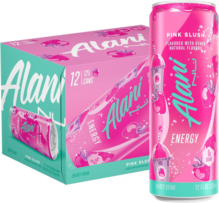 A product image showing a can of Alani Nu, Pink Slush flavor, in front of a 12-pack box of the same flavor