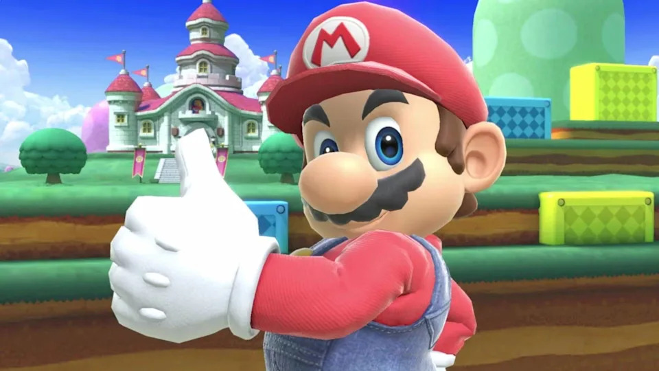 Mario faces the camera with a thumbs up pose in Super Smash Bros. Ultimate.