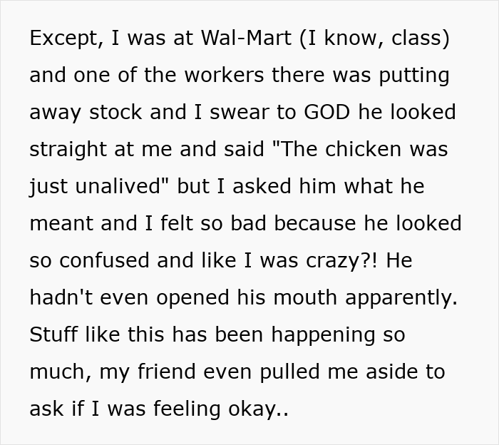 Text excerpt showing a 22-year-old imagining things and hearing voices before an ER visit due to mental health concerns.