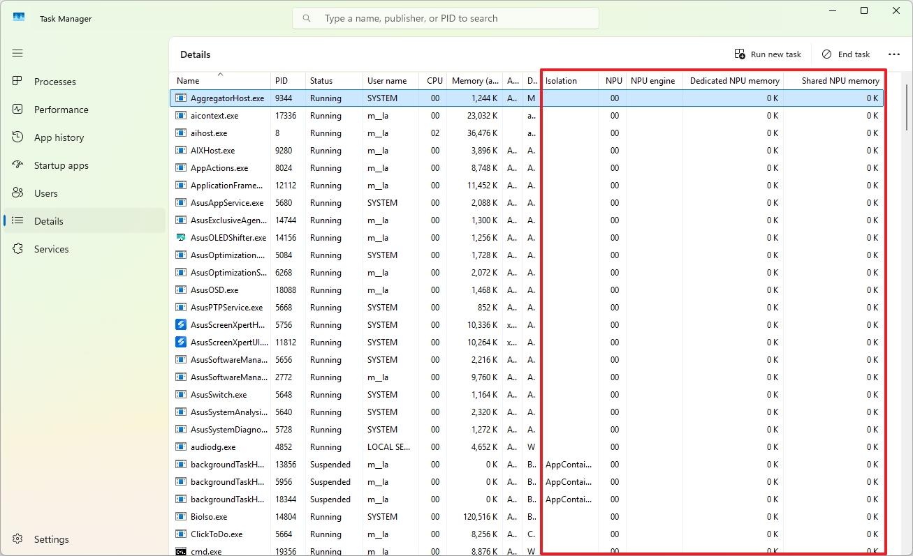 Task Manager NPU views