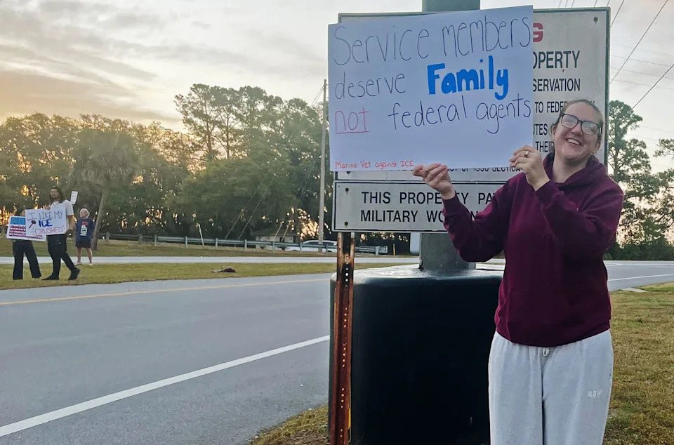 Dayle Soto, 30, a Marine veteran who trained at Marine Corps Recruit Depot Parris Island, joined protesters just outside the installation’s gate  (Suzanne Gamboa / NBC News)