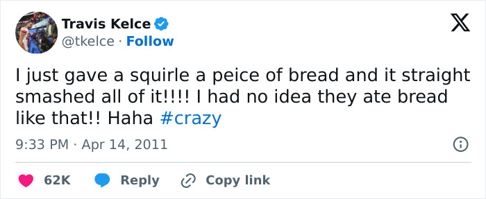 Screenshot of Travis Kelce’s 2011 tweet about feeding a squirrel bread that went viral after NASA’s reply.