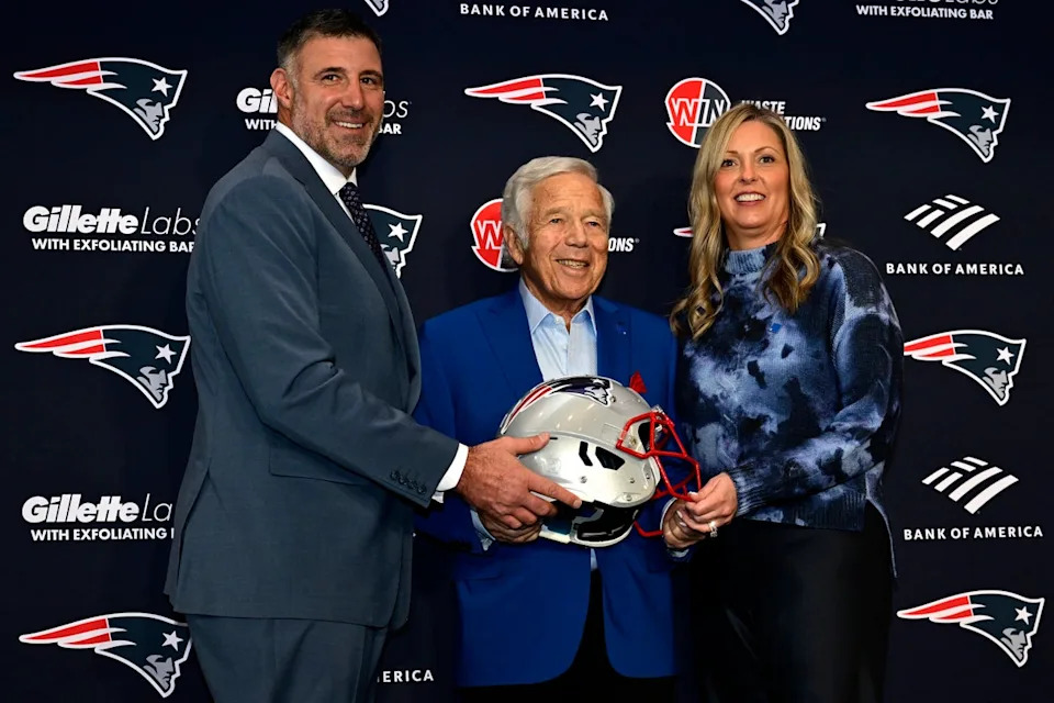 Mike Vrabel and Jen Vrabel (pictured with Patriots owner Robert Kraft in 2025) have been married since 1999 (Getty)