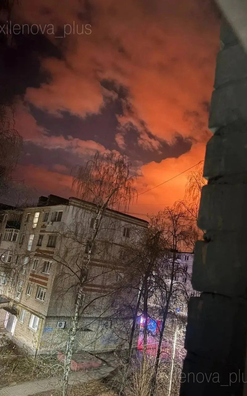 Fires light up the night sky in Kstovo where Russian officials said air defences had repelled a drone barrage