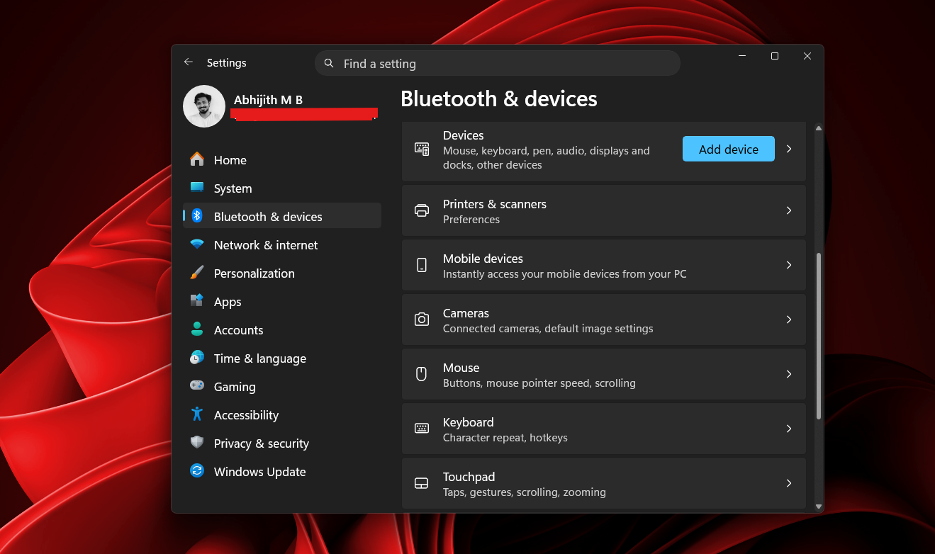 Bluetooth & devices page in Settings