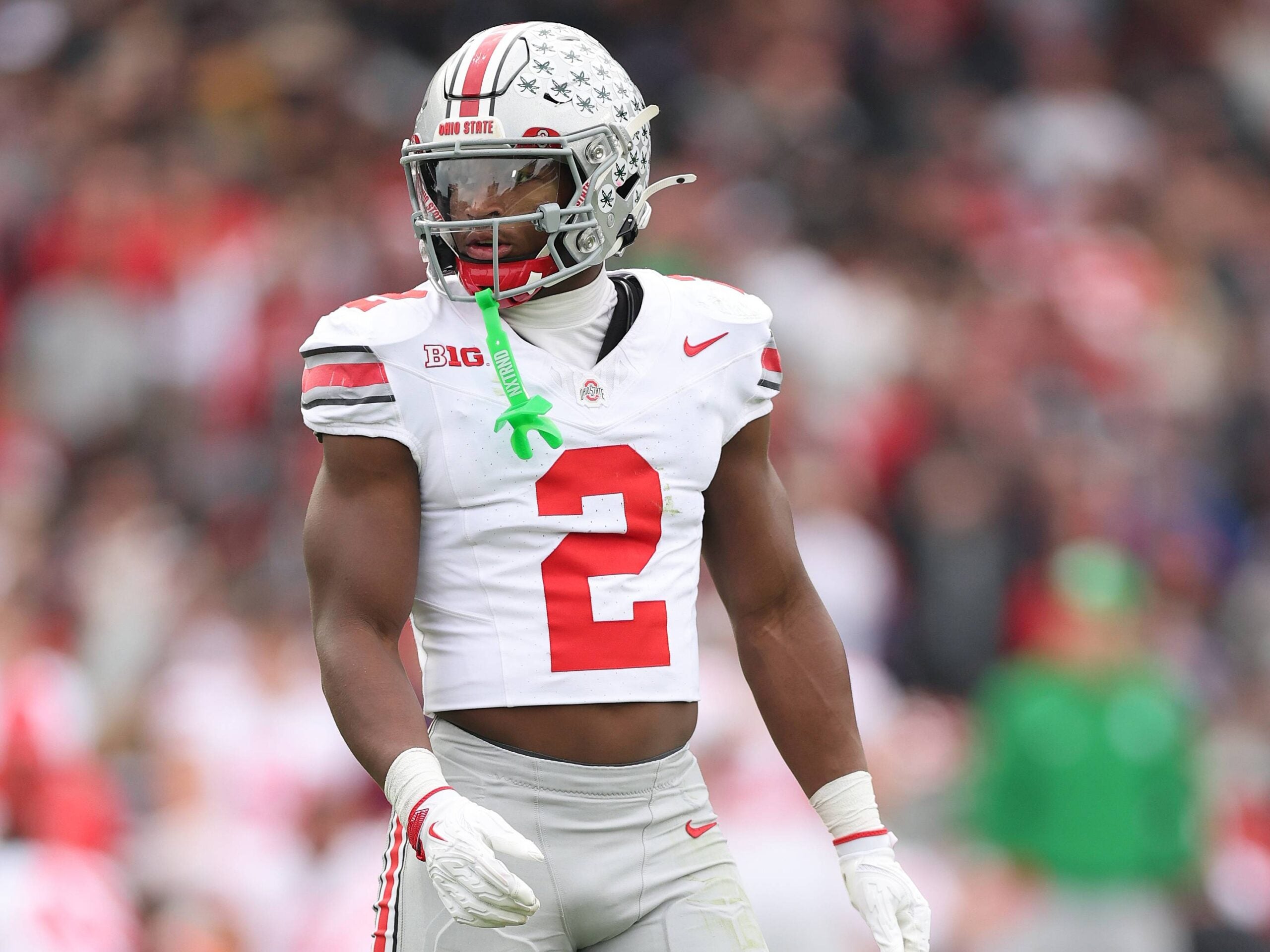 CHICAGO, ILLINOIS - NOVEMBER 16: Caleb Downs #2 of the Ohio State Buckeyes in action against the Northwestern Wildcats during the first half at Wrigley Field on November 16, 2024 in Chicago, Illinois. (Photo by Michael Reaves/Getty Images)