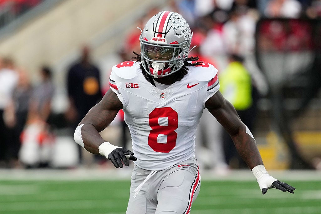 MADISON, WISCONSIN - OCTOBER 18: Arvell Reese #8 of the Ohio State Buckeyes during the game against the Wisconsin Badgers at Camp Randall Stadium on October 18, 2025 in Madison, Wisconsin. (Photo by John Fisher/Getty Images)