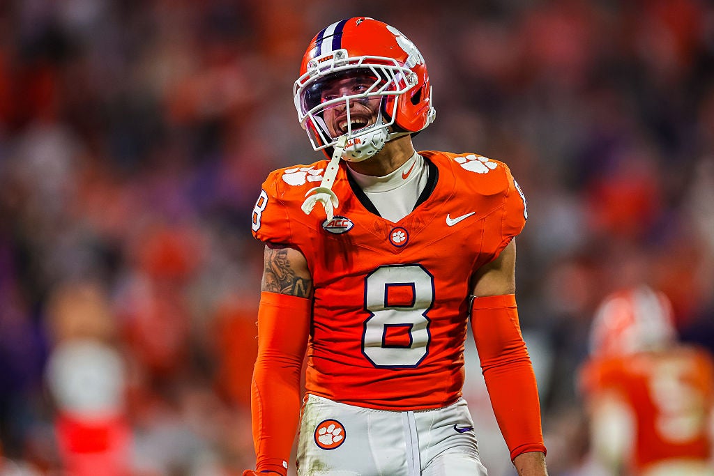 CLEMSON, SOUTH CAROLINA - NOVEMBER 08: Avieon Terrell #8 of the Clemson Tigers reacts after a play during the second half of a football game against the Florida State Seminoles at Memorial Stadium on November 08, 2025 in Clemson, South Carolina. (Photo by David Jensen/Getty Images)