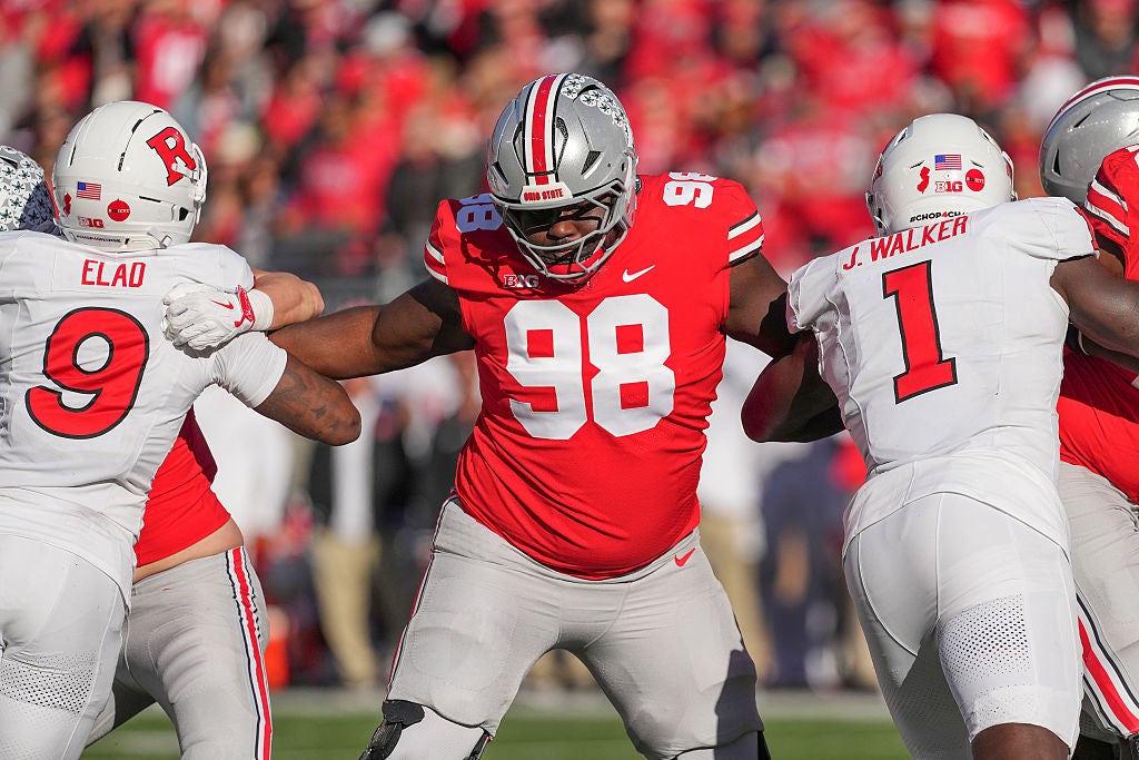 COLUMBUS, OHIO - NOVEMBER 22: Defensive tackle Kayden McDonald #98 of the Ohio State Buckeyes seen in action during the game against the Rutgers Scarlet Knights at Ohio Stadium on November 22, 2025 in Columbus, Ohio. (Photo by Jason Mowry/Getty Images)