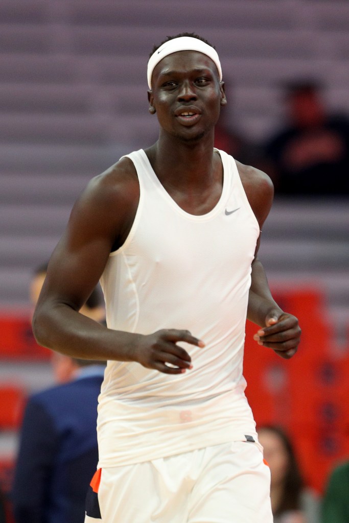 John Bol Ajak #2 of the Syracuse Orange warms up prior to a game against the Virginia Cavaliers at JMA Wireless Dome on January 30, 2023 in Syracuse, New York. 