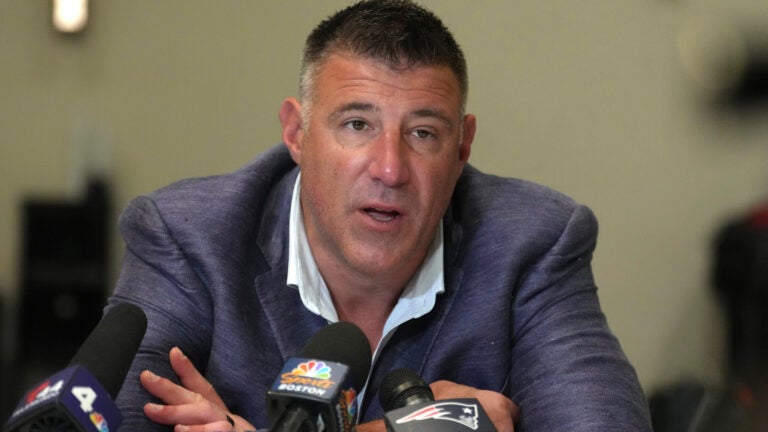 New England Patriots head coach Mike Vrabel speaks to reporters at the NFL football annual meetings, Tuesday, March 31, 2026, in Phoenix.