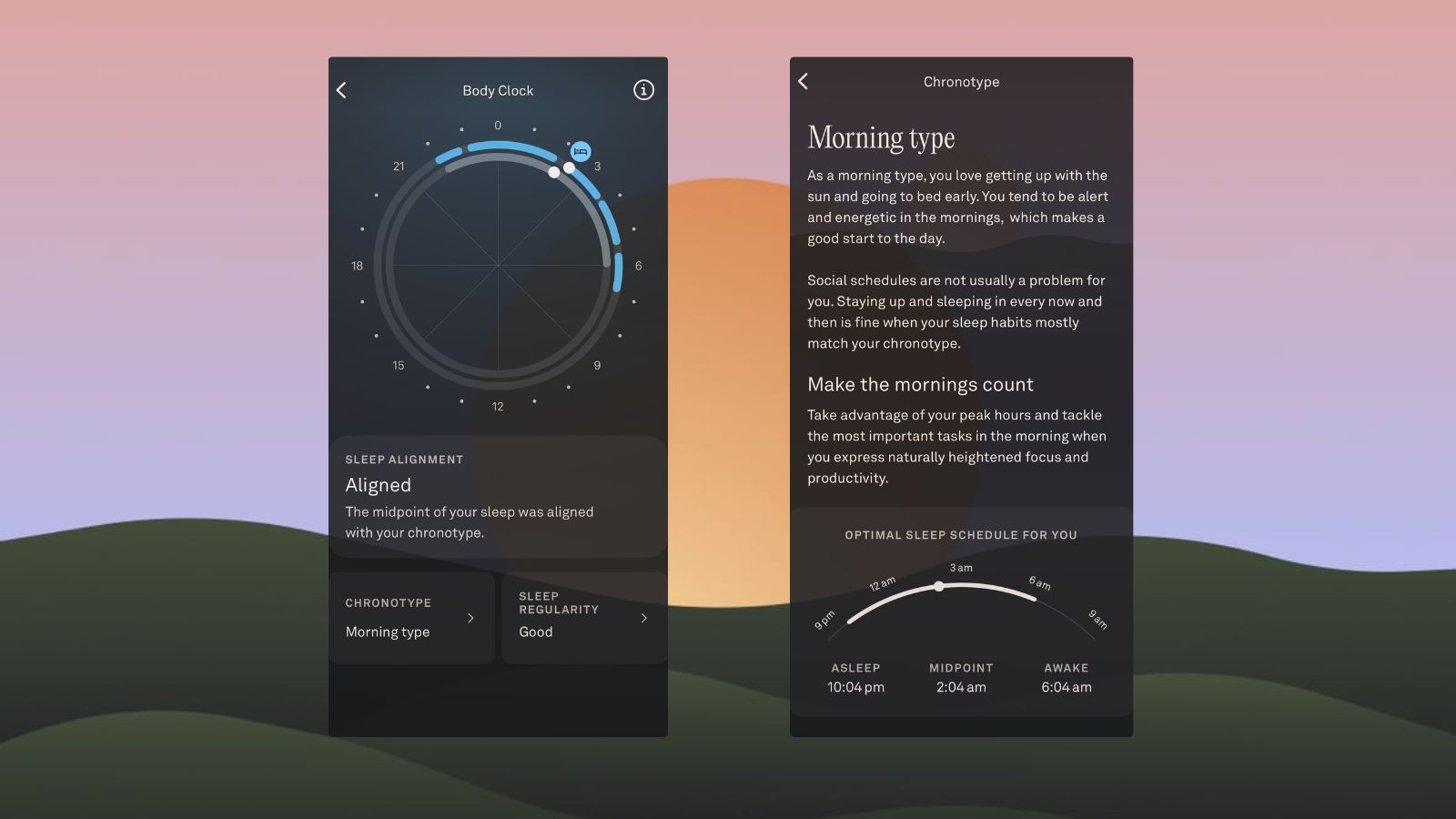 Screenshots of the chronotype data in Oura app with background graphic of sunrise