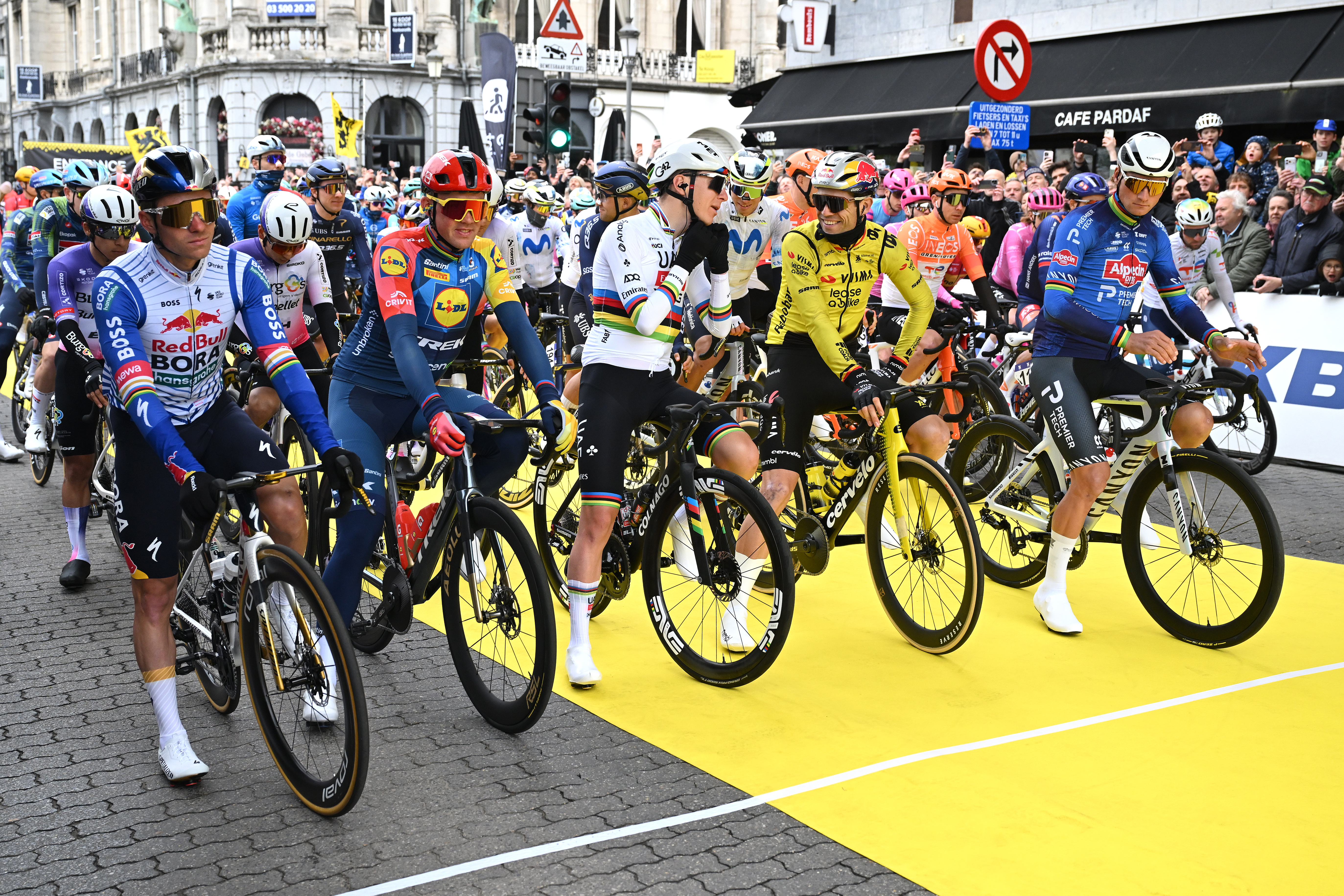 ANTWERP, BELGIUM - APRIL 05: (L-R) Remco Evenepoel of Belgium and Team Red Bull - BORA - hansgrohe, Mads Pedersen of Denmark and Team Lidl - Trek, Tadej Pogacar of Slovenia and UAE Team Emirates - XRG, Wout van Aert of Belgium and Team Visma | Lease a Bike and Mathieu van der Poel of Netherlands and Team Alpecin-Premier Tech prior to the 110th Tour of Flanders - Ronde van Vlaanderen 2026 - Men&amp;apos;s Elite a 278.6km one day race from Antwerp to Oudenaarde / #UCIWT / on April 05, 2026 in Antwerp, Belgium. (Photo by Dario Belingheri/Getty Images)