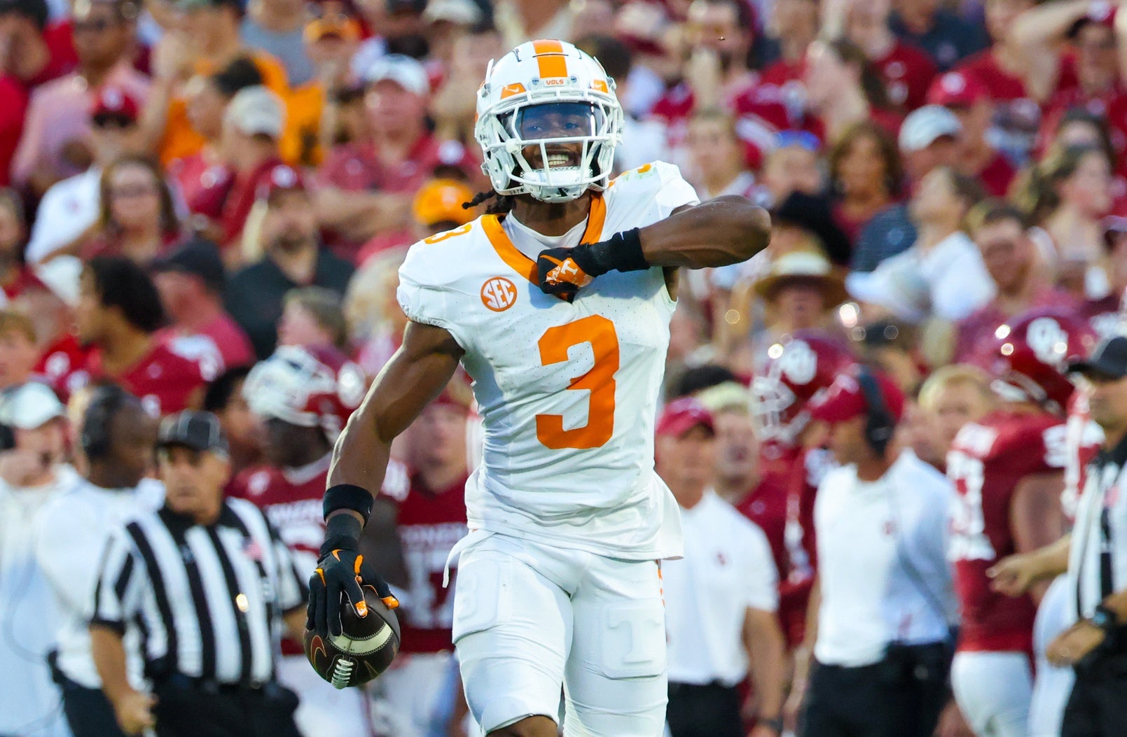 Sep 21, 2024; Norman, Oklahoma, USA; Tennessee Volunteers defensive back Jermod McCoy (3) reacts after making an interception during the first quarter against the Oklahoma Sooners at Gaylord Family-Oklahoma Memorial Stadium. Mandatory Credit: Kevin Jairaj-Imagn Images