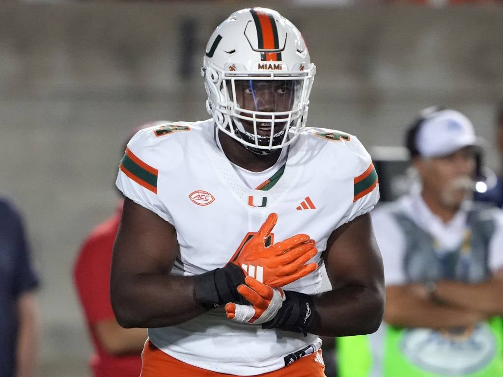 Oct 5, 2024; Berkeley, California, USA; Miami Hurricanes defensive lineman Rueben Bain Jr. (4) during the first quarter against the California Golden Bears at California Memorial Stadium. Mandatory Credit: Darren Yamashita-Imagn Images