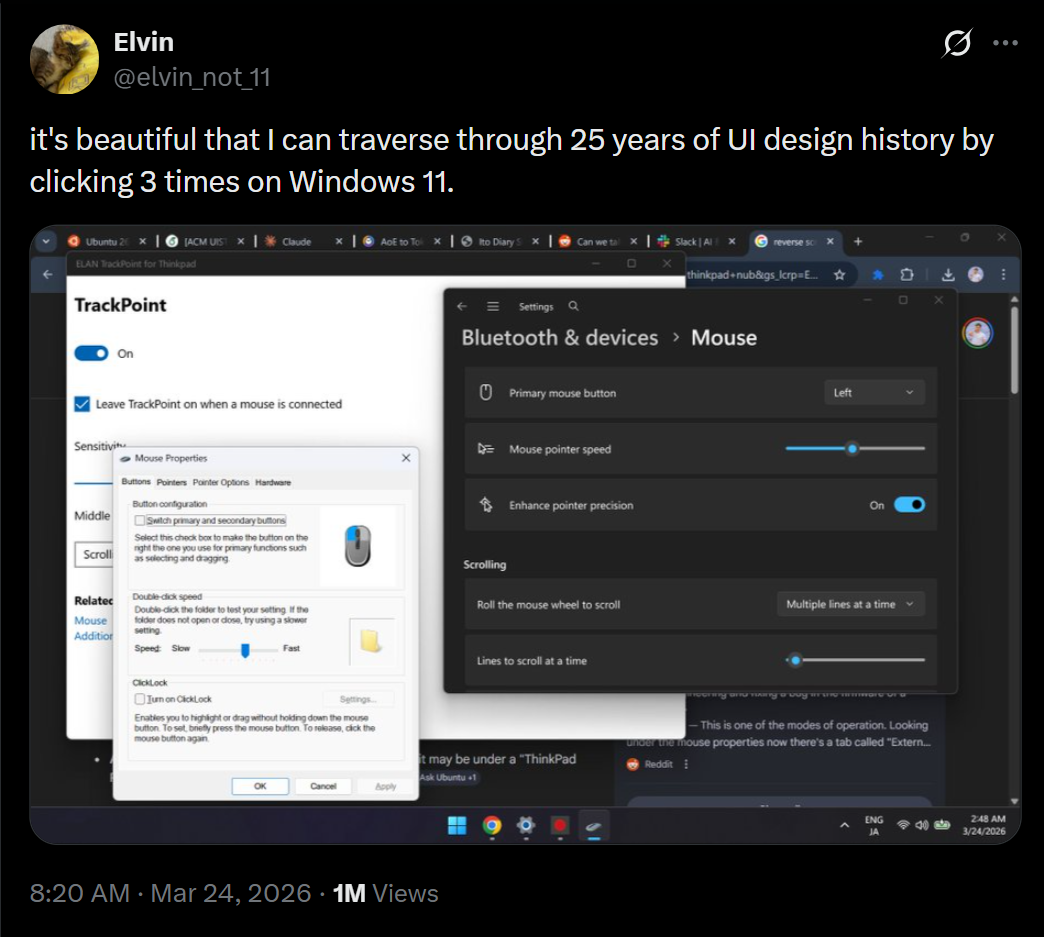 Viral post about UI design inconsistencies in Windows 11