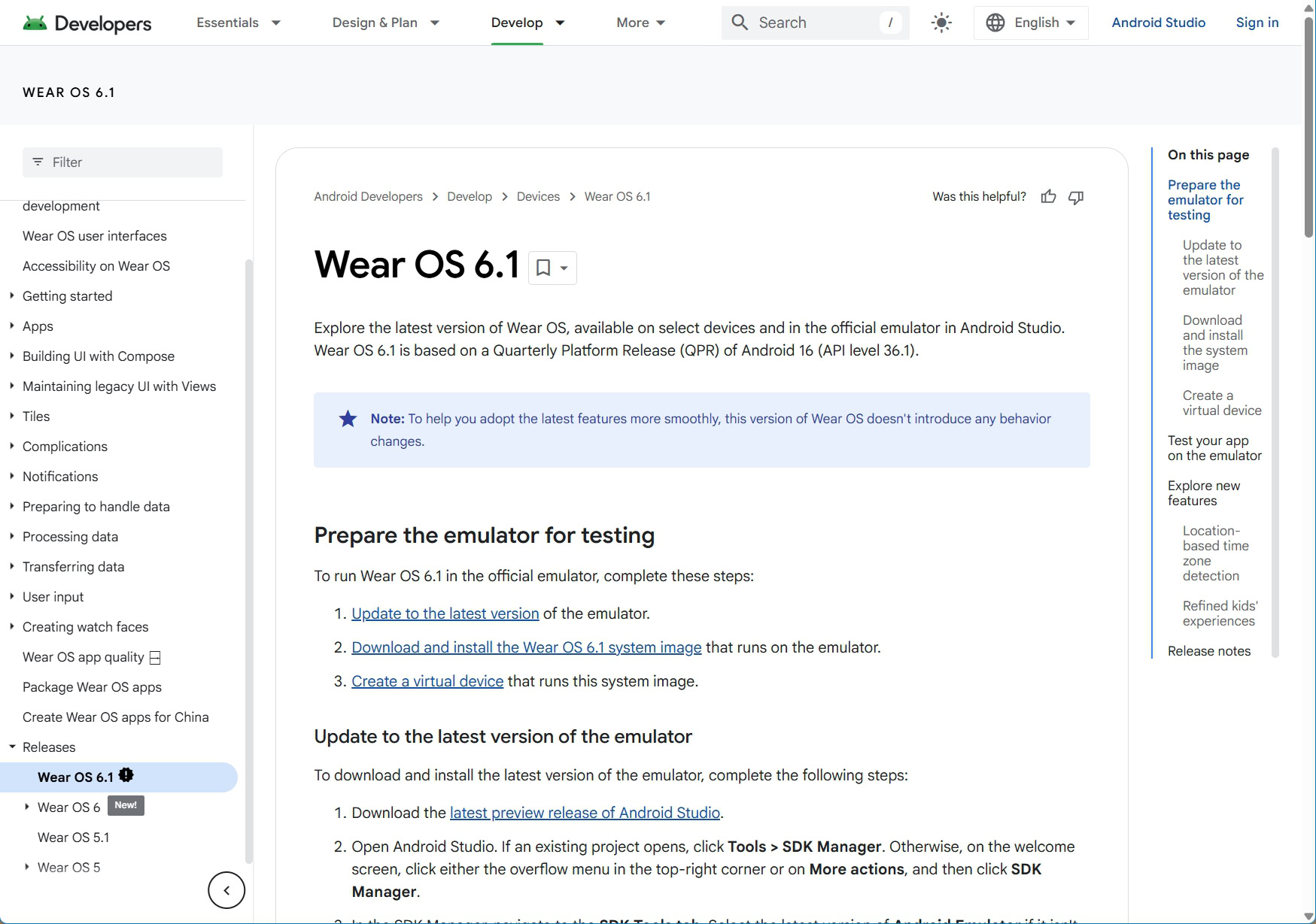 Wear OS 6.1 new tag on Android Developers documentation