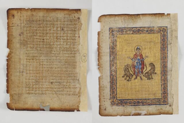 two sides of parchment manuscript pages side by side, one with text, one illuminated