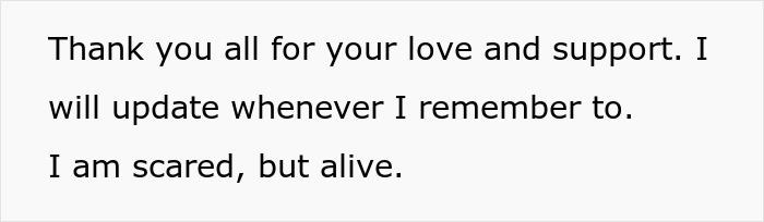 Text message expressing gratitude for support and sharing feelings of fear and being alive after a hospital visit.