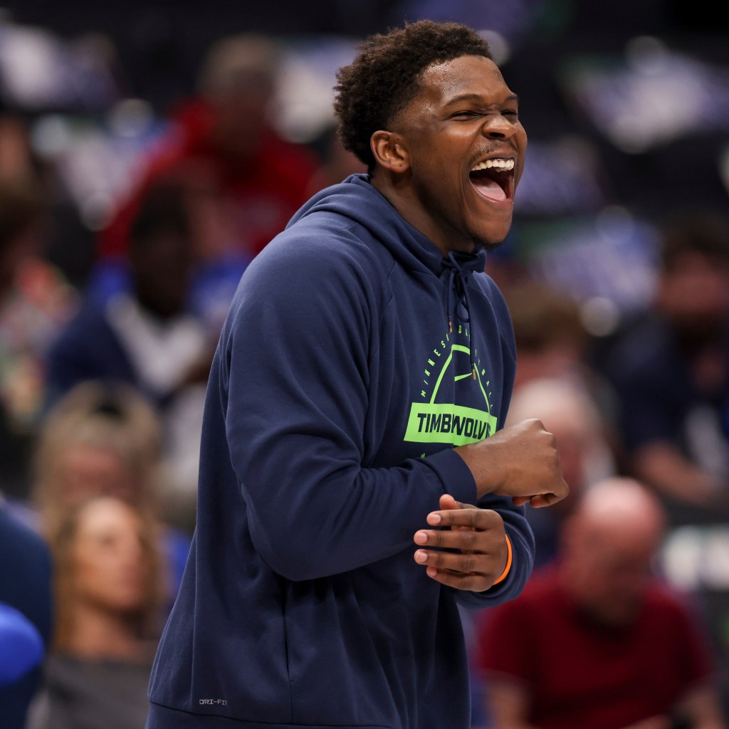 Minnesota Timberwolves guard Anthony Edwards (5) warms up before an NBA basketball game against the Dallas Mavericks Monday, March 30, 2026, in Dallas.