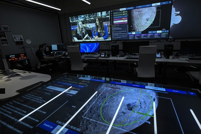 A view inside the Science Mission Operations Room (SMOR) at Johnson Space Center during the Artemis II mission on April 6, 2026.