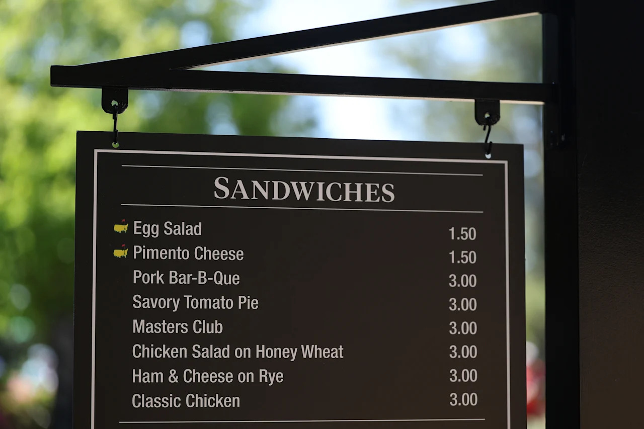 AUGUSTA, GEORGIA - APRIL 07: A detailed view of the concessions menu during a practice round prior to the 2026 Masters Tournament at Augusta National Golf Club on April 07, 2026 in Augusta, Georgia. (Photo by Andrew Redington/Getty Images)
