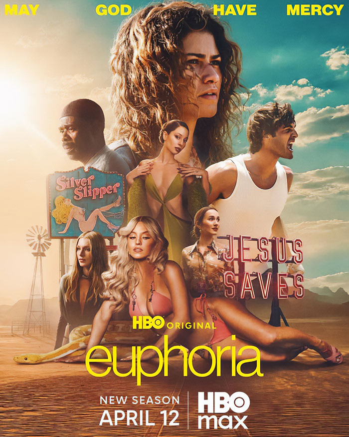 Promotional poster for new Euphoria season featuring Sydney Sweeney and main cast under a bright sky.