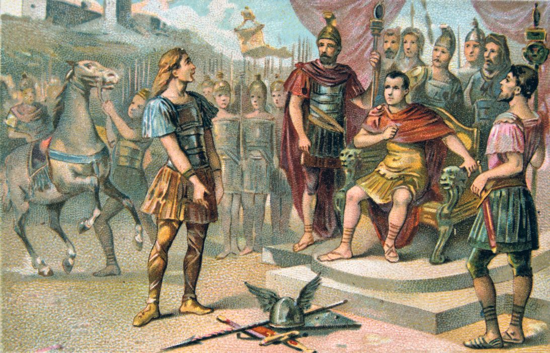 An illustration depicting Gallic chieftain Vercingetorix surrendering to Julius Caesar. Vercingetorix was then taken to Rome, where he was put to death.