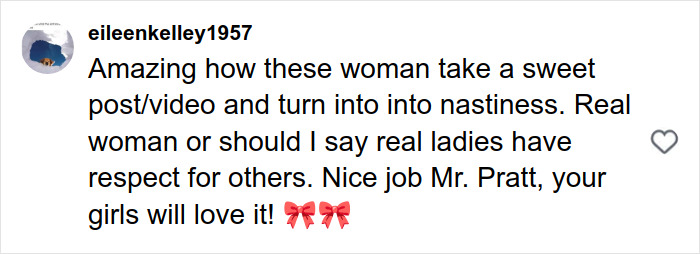 User comment criticizing backlash on Katherine Schwarzenegger and Chris Pratt, referencing Nepo Baby controversy and respect.