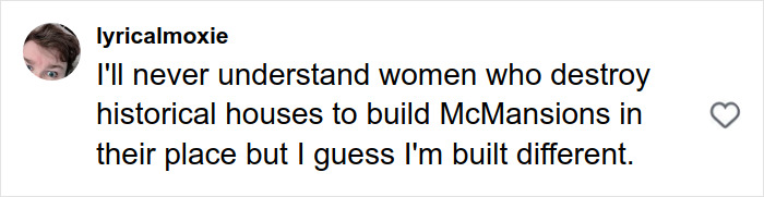 Comment about women destroying historical houses to build McMansions, highlighting a personal opinion on the topic of nepo baby backlash.