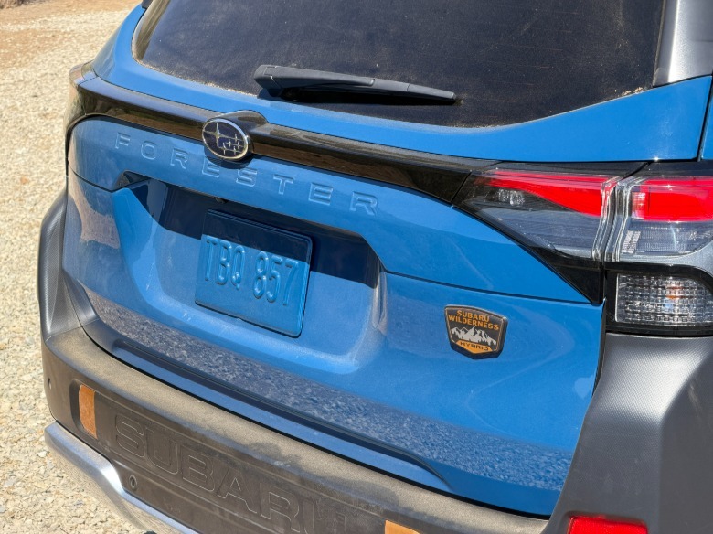 Rear badges of a 2027 Subaru Forester Wilderness Hybrid