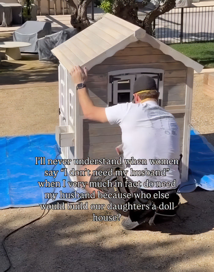 Man assembling a dollhouse outdoors, related to Nepo Baby Katherine Schwarzenegger facing backlash about husband Chris Pratt.