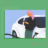 Woman with pink hair charging an electric car while looking at her phone.
