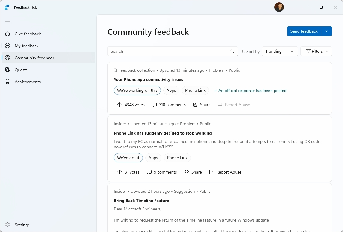 Community feedback page
