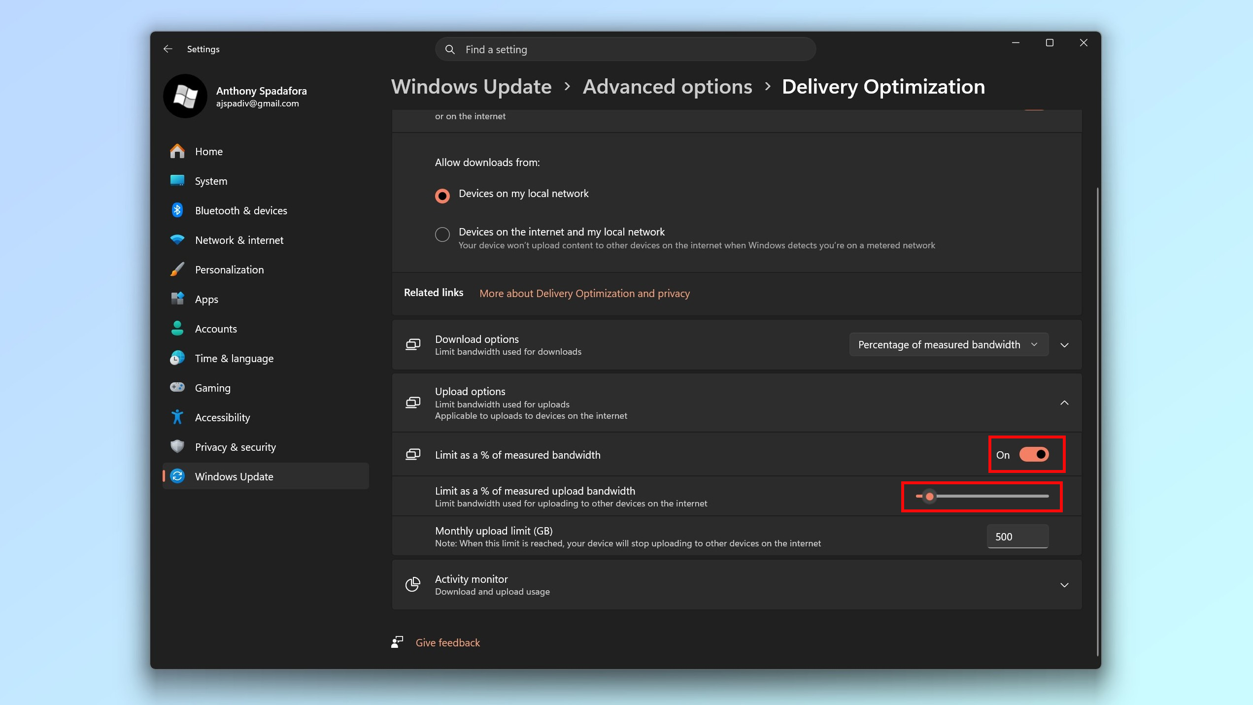 A screenshot showing how to limit uploads in Delivery Optimization in Windows Update