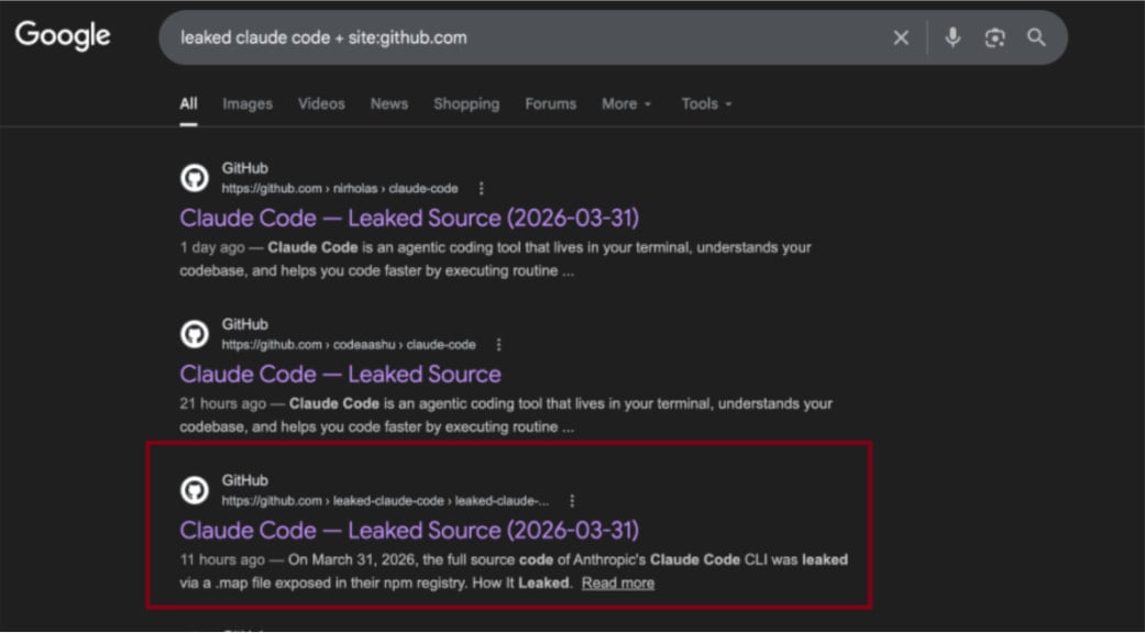Search result pulling users to the malicious GitHub repo