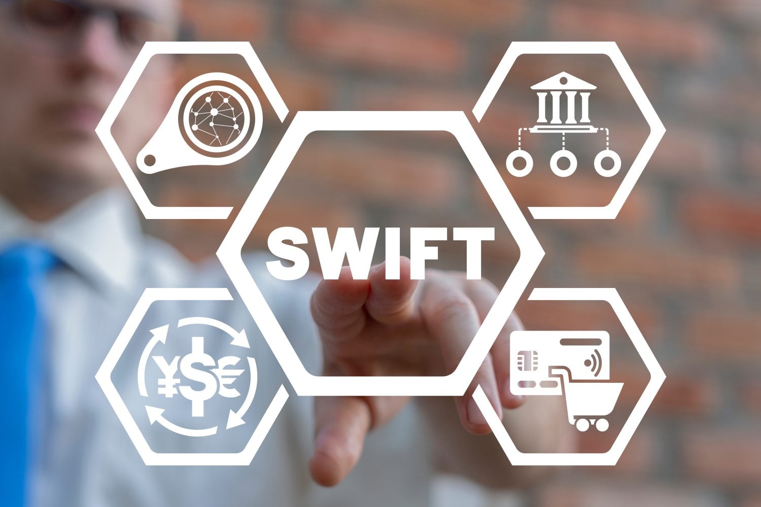 Concept of SWIFT. Banking Electronic Web Payment Finance System. Society for Worldwide Interbank Financial Telecommunications. Man using virtual touchscreen presses SWIFT inscription.