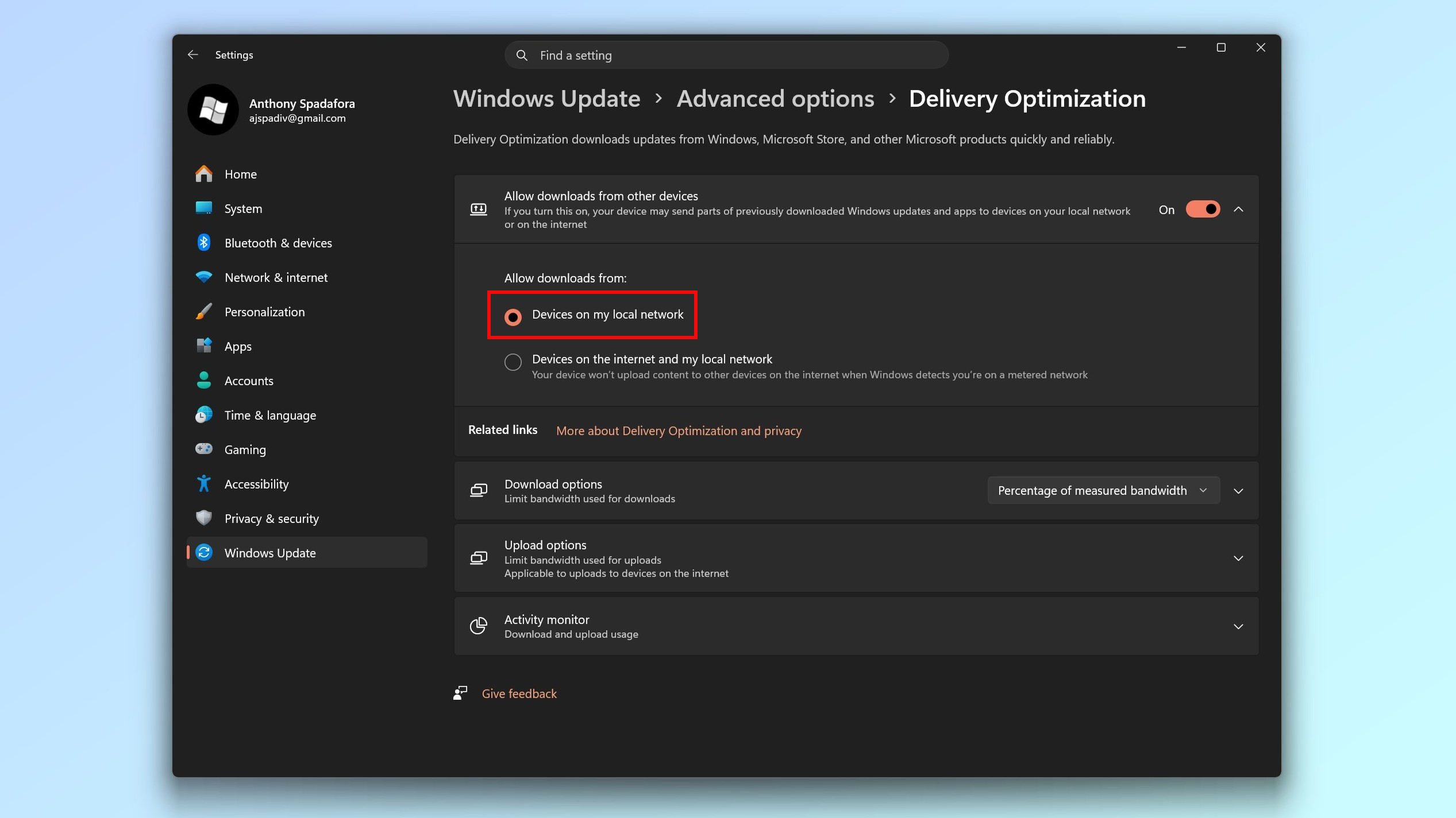 A screenshot showing how to limit downloads in Delivery Optimization to devices on your local network