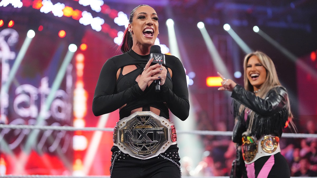 NXT women's champion Jacy Jayne speaking in the wrestling ring