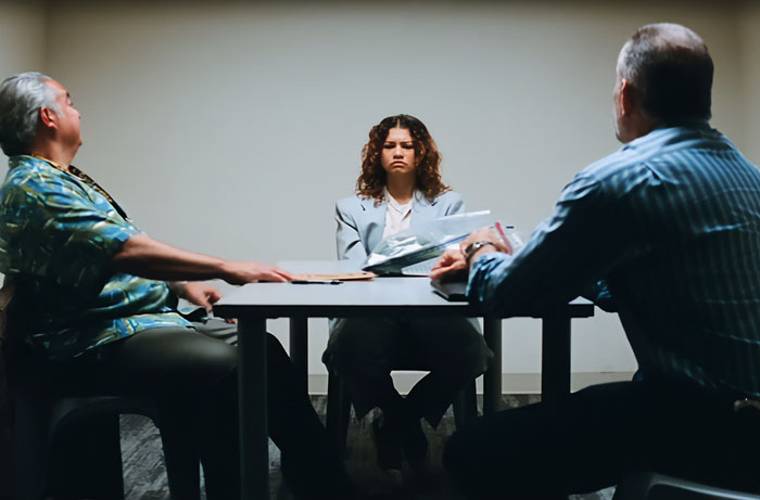 Sydney Sweeney sitting at a table in a serious scene from the new Euphoria season, facing two men in a tense setting.